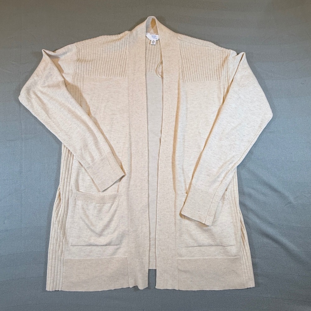Time and Tru Womens Open Front Cardigan Oatmeal Beige Ribbed Sweater S 4-6 2500